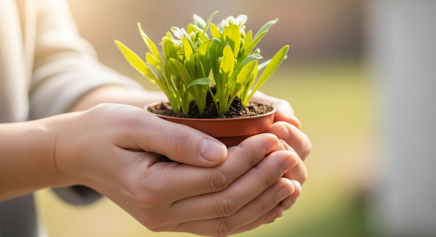 화분에 심은 푸른 식물을 부드럽게 감싸 든 손, 갱년기 자기 돌봄과 마음의 평화를 상징합니다.