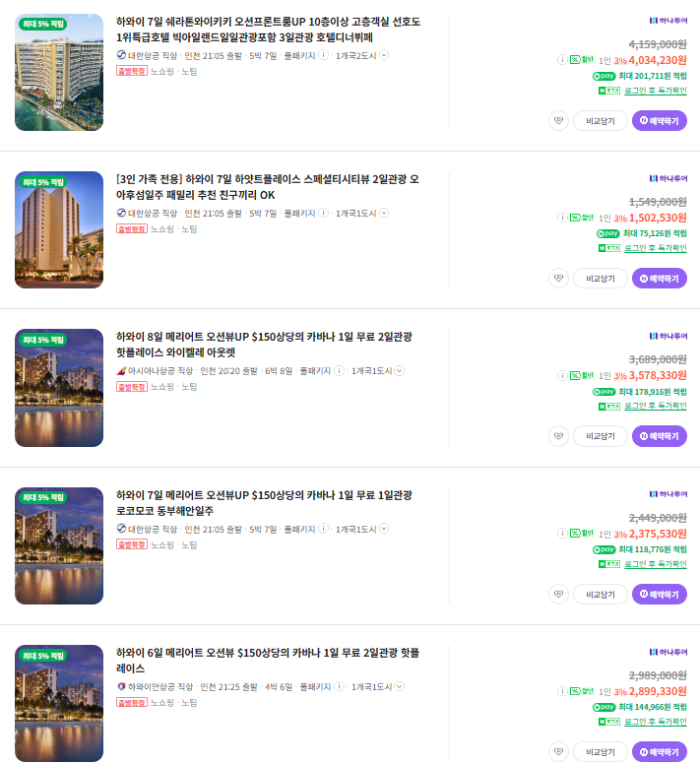 하와이 패키지 여행 가격비교