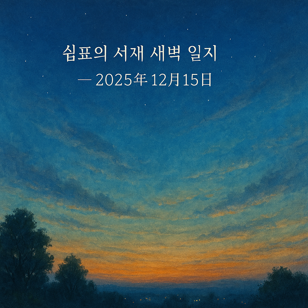 새벽 하늘이 짙은 남청색에서 주황빛 여명으로 천천히 옮겨가는 풍경 위에
〈쉼표의 서재 새벽 일지 &mdash; 2025년 12월 15일〉이라는 제목이 놓인 이미지