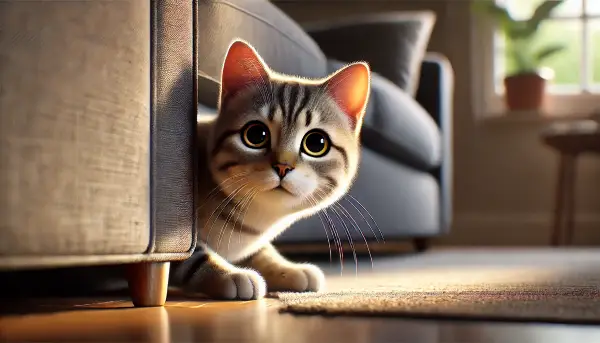 소파 뒤에서 경계하며 살펴보는 호기심 많은 고양이