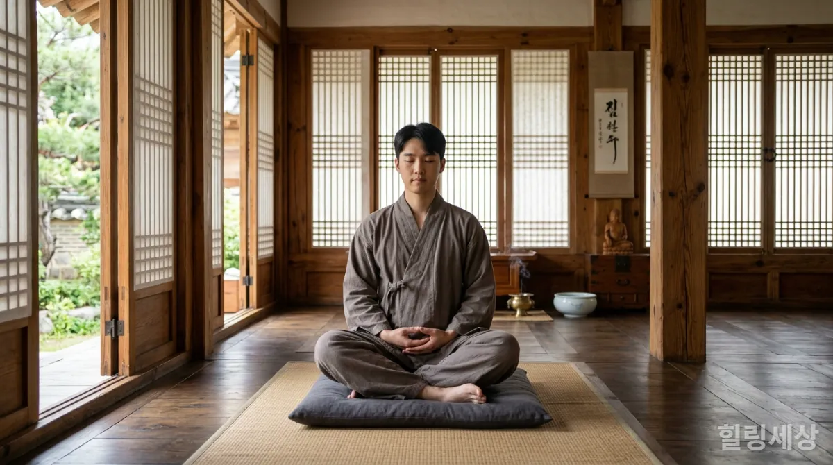 서울 도심 속 한옥 사찰에서 명상하는 한국 남성의 고요한 모습