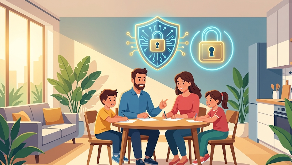 가족 간의 안전 비밀번호 설정과 보안 수칙을 보여주는 인포그래픽