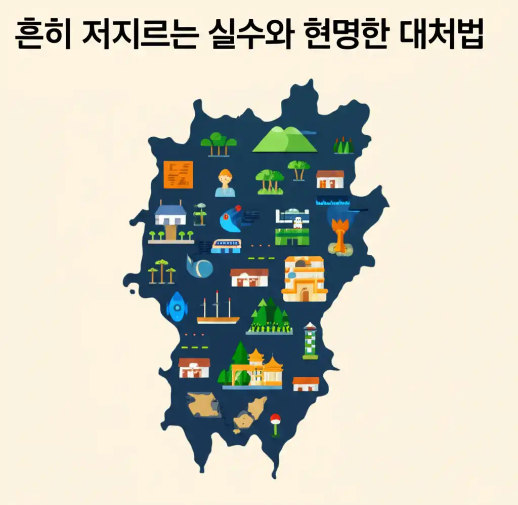 오키나와 여행 중 흔히 겪는 길 찾기 실수와 해결책을 보여주는 이미지