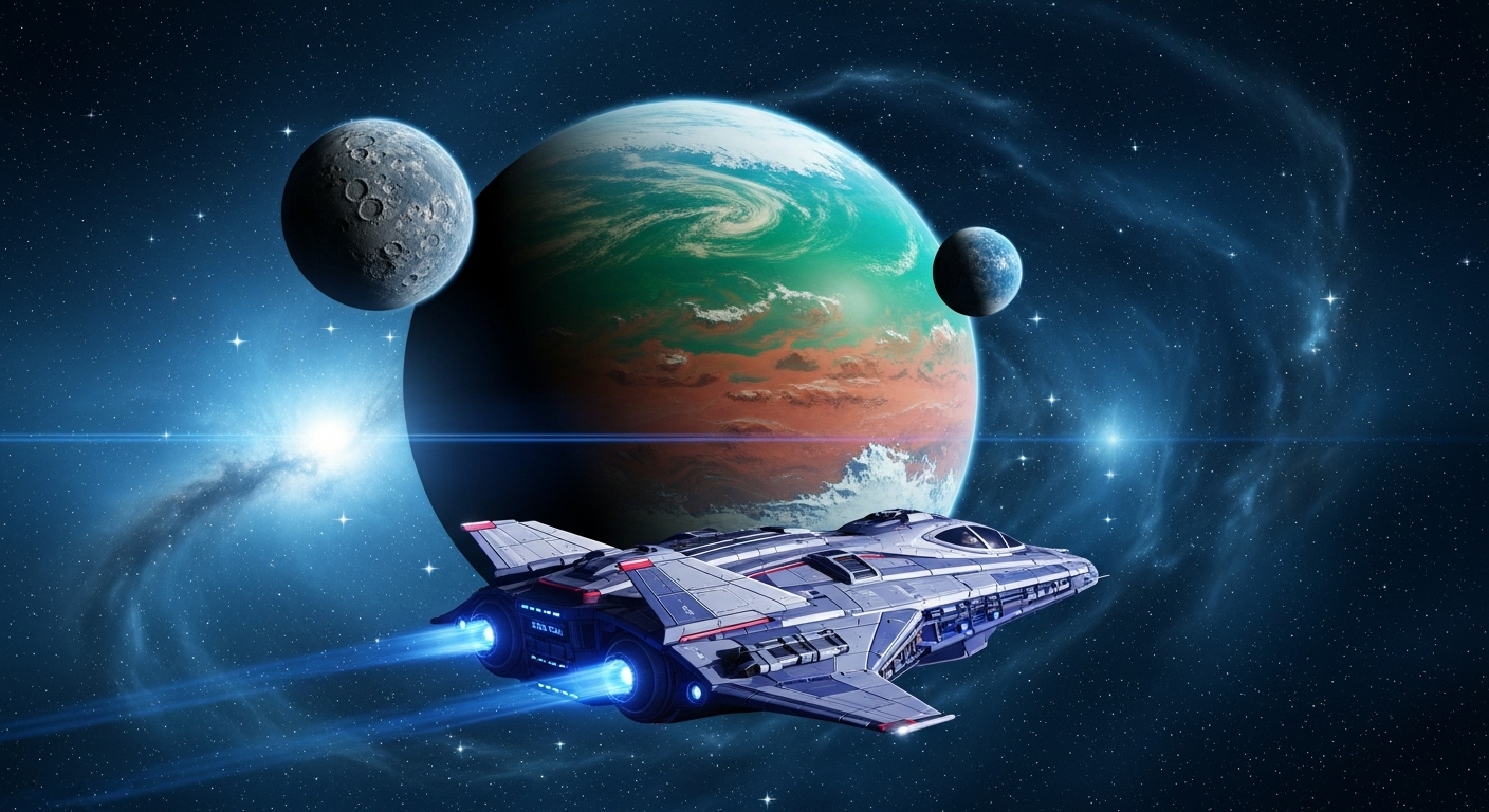 광활한 우주를 배경으로 한 SF 대작 '별의 계승자'의 우주선과 외계 행성, 미래 지향적인 우주선이 낯선 행성 주위를 도는 모습