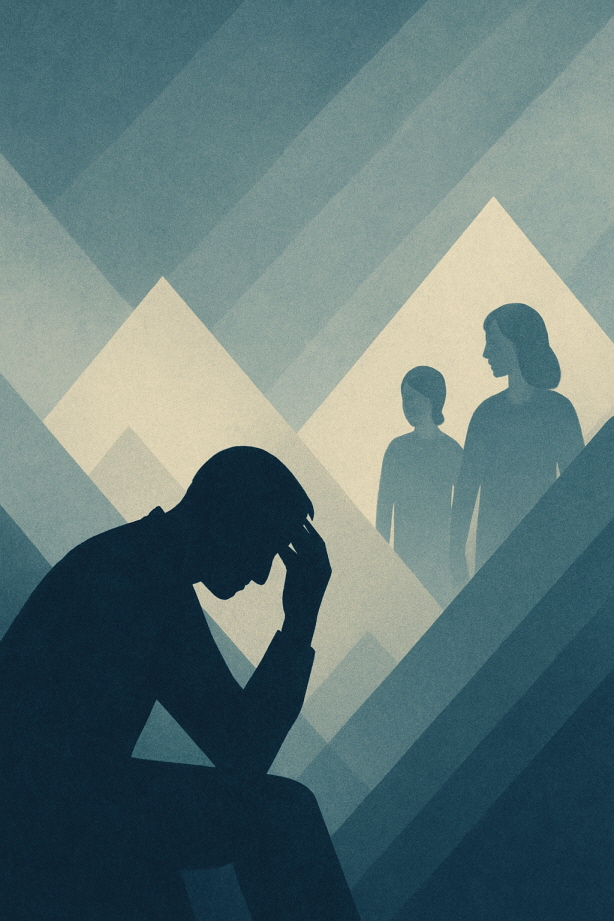 머리를 감싸쥔 채 앉아 있는 남성의 실루엣이 기하학적 산 형태 배경 앞에 그려져 있고, 뒤편에는 부드러운 색감으로 표현된 여성과 아이의 형상이 함께 서 있어 가족의 존재를 상징한다.