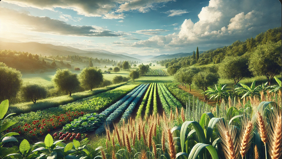 온대기후에서 볼 수 있는 다양한 농작물과 푸른 하늘 아래 펼쳐진 넓은 녹색 들판