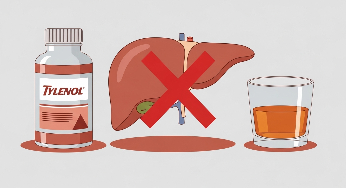 간 이미지 위에 경고 표시와 타이레놀, 술잔이 함께 놓여있어, 타이레놀과 술의 동시 복용 위험을 경고합니다.