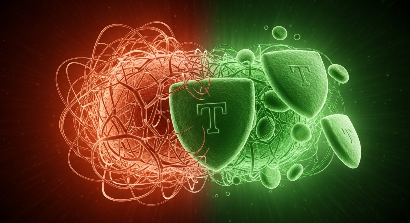 스트레스와 세포성 면역의 복잡한 상호작용을 추상적으로 표현한 이미지: 붉은색 스트레스 에너지가 녹색 면역 세포들을 압박하는 모습