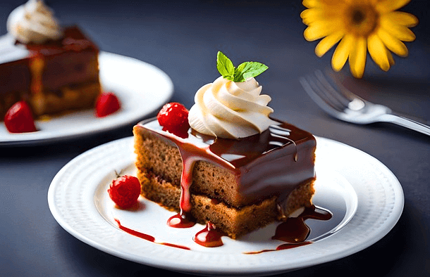 하얀 접시에 조각 초콜릿 케이크가 있다. 위에는 하얀 생크림과 라즈베리가 올려졌다.