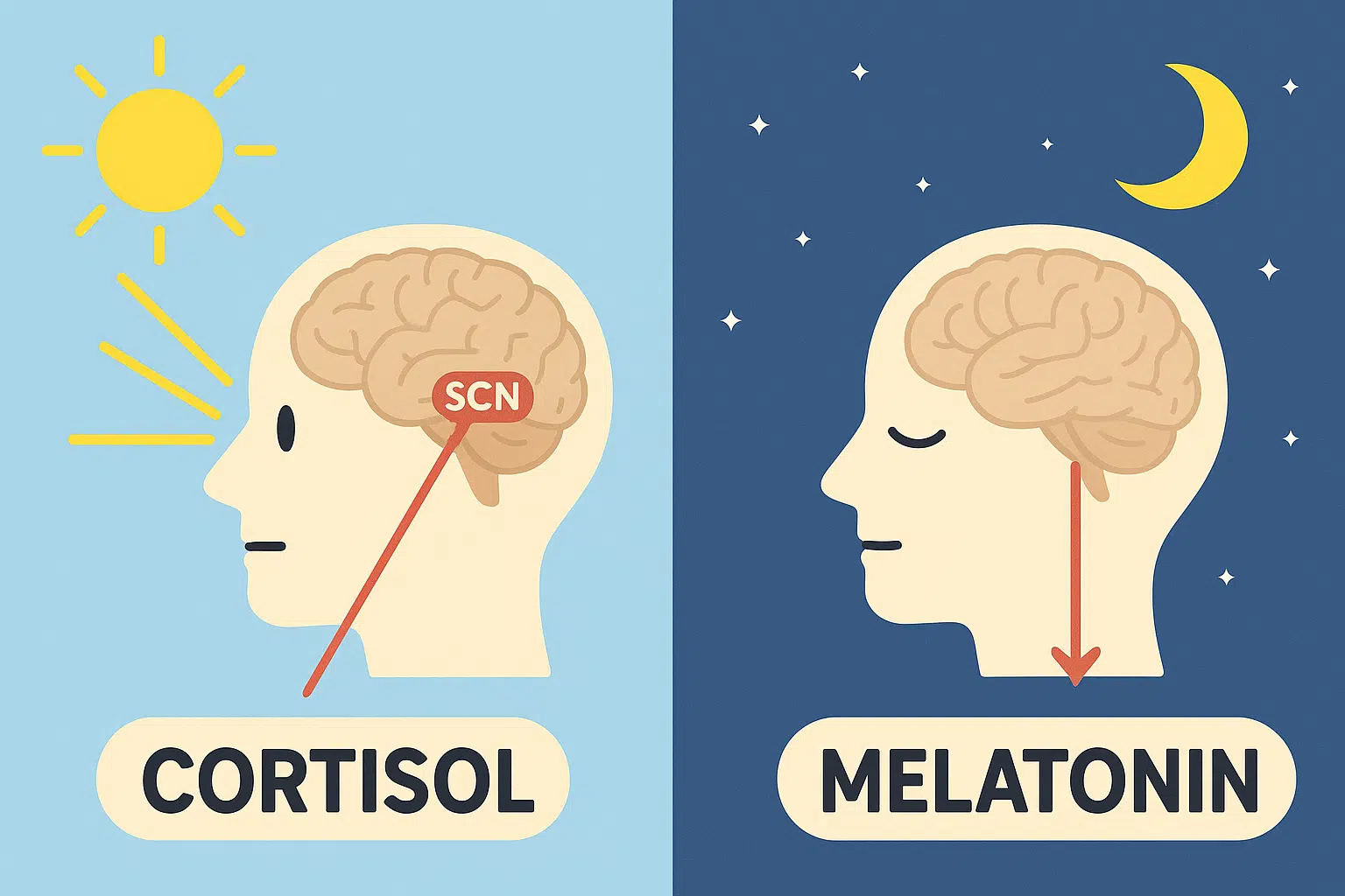 뇌 속 &lsquo;시교차상핵(SCN)&rsquo; 위치를 단순화해 표시한 인포그래픽, 아침 햇빛이 눈을 자극하며 코르티솔 분비를 유도하는 장면 vs 밤에는 멜라토닌이 분비되는 장면을 대비