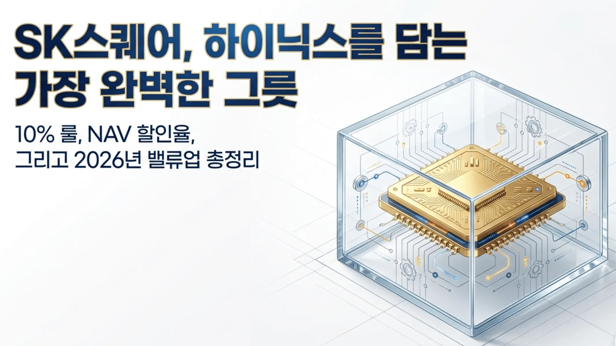 SK스퀘어 주가 전망을 상징하는 대표 이미지로, 투명한 유리 큐브 안에 금색 반도체 칩이 담긴 모습을 통해 SK하이닉스를 담는 그릇이라는 SK스퀘어의 정체성을 시각적으로 표현함. 'SK스퀘어, 하이닉스를 담는 가장 완벽한 그릇'이라는 문구와 함께 펀드 편입한도 10% 룰, NAV 할인율 축소, 2026년 밸류업을 핵심 동력으로 제시하며, 블로그의 SK스퀘어 주가 전망과 목표주가 분석 내용을 설명함