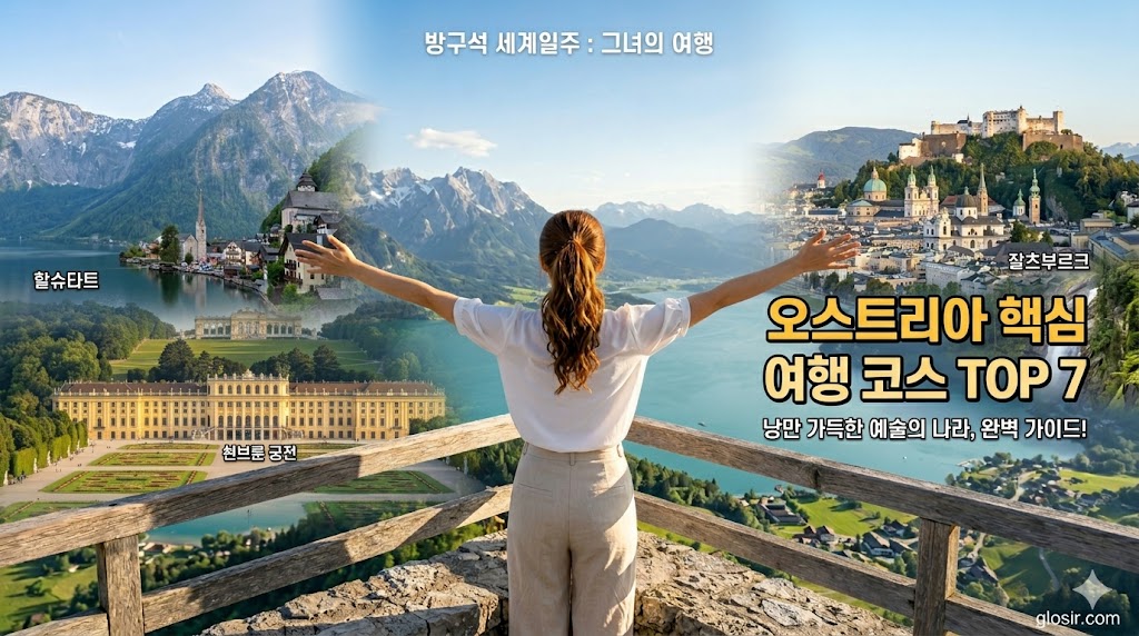 웅장한 오스트리아 알프스 호수, 할슈타트, 쇤브룬, 잘츠부르크 파노라마 배경을 향해 양팔을 벌리고 걸어가는 뒷모습 한국 여성과$$방구석 세계일주 그녀의여행$$glosir.com 브랜딩 콜라주