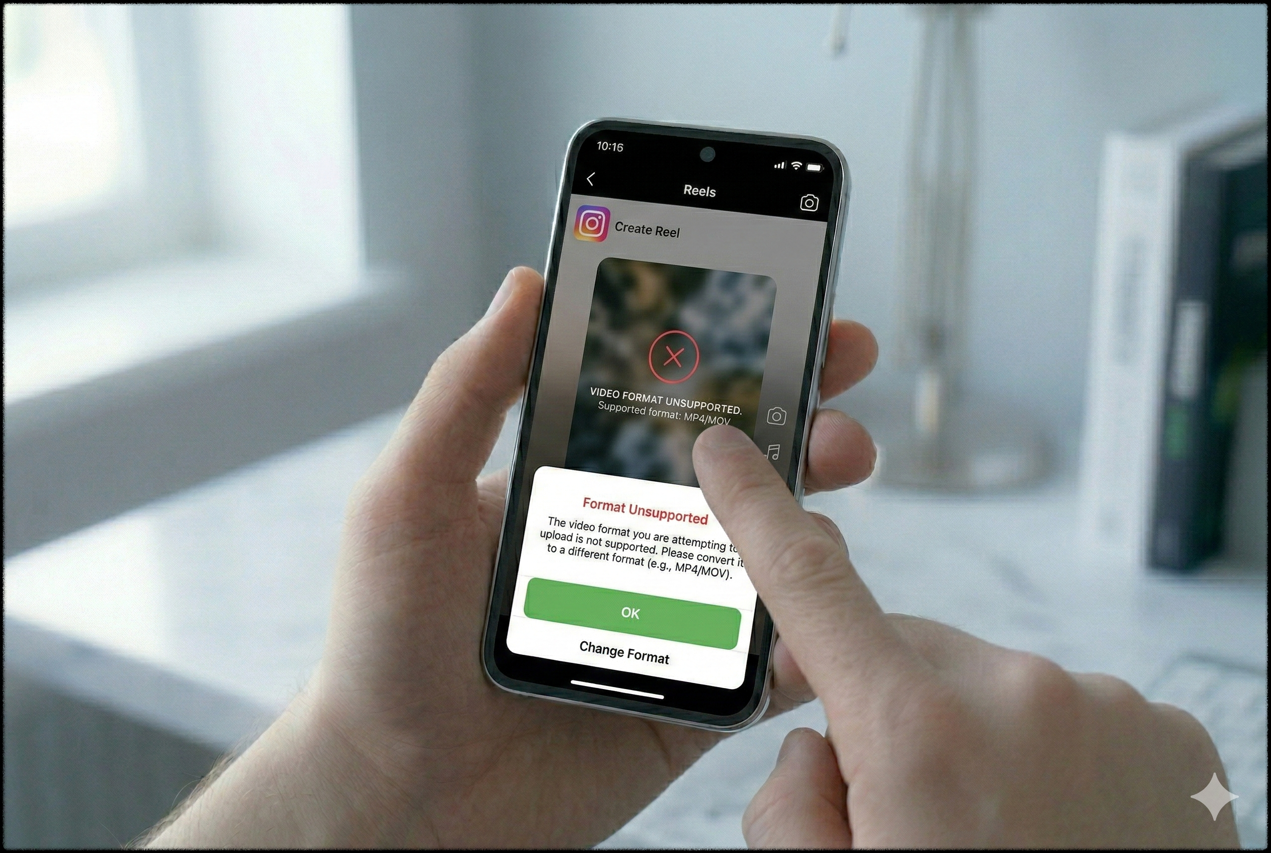 지원되지 않는 영상 형식으로 인해 릴스 업로드가 실패한 모습