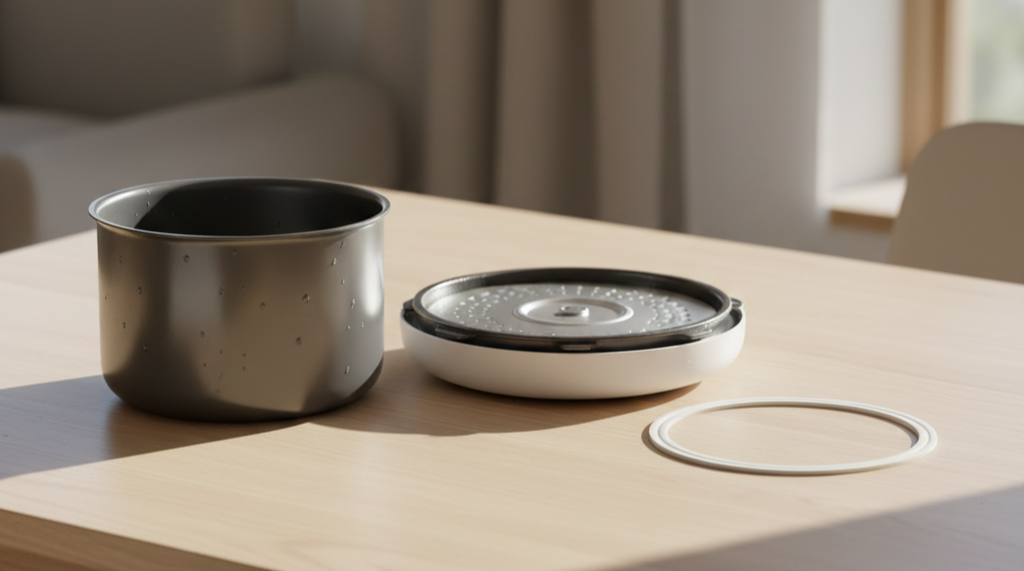 깨끗하게 관리된 전기밥솥과 윤기 나는 밥 모습, 밥솥관리로 밥맛을 살리는 예시 이미지