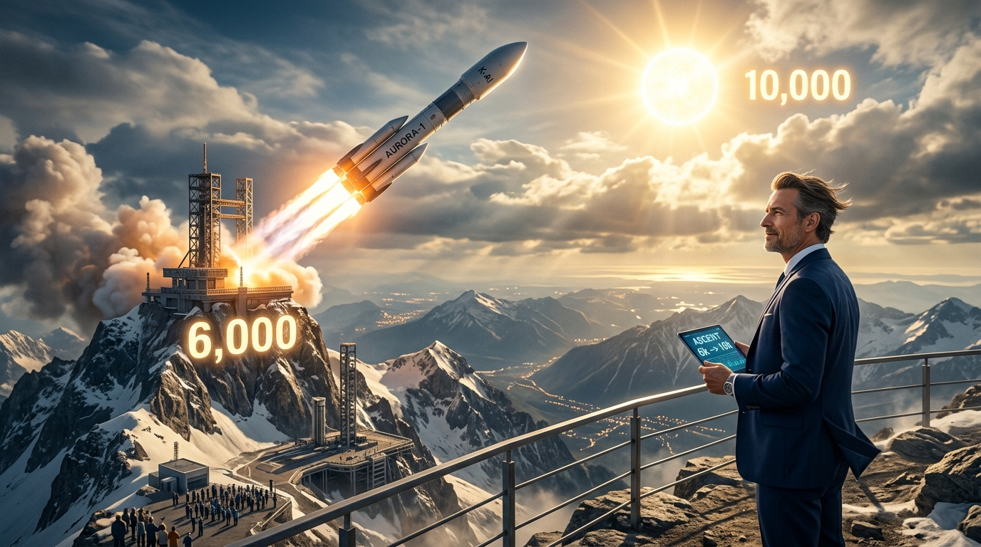 코스피 6,000 고지를 넘어 10,000이라는 구름 위 정상을 향해 K-AI 로켓을 타고 올라가는 투자자의 역동적인 모습