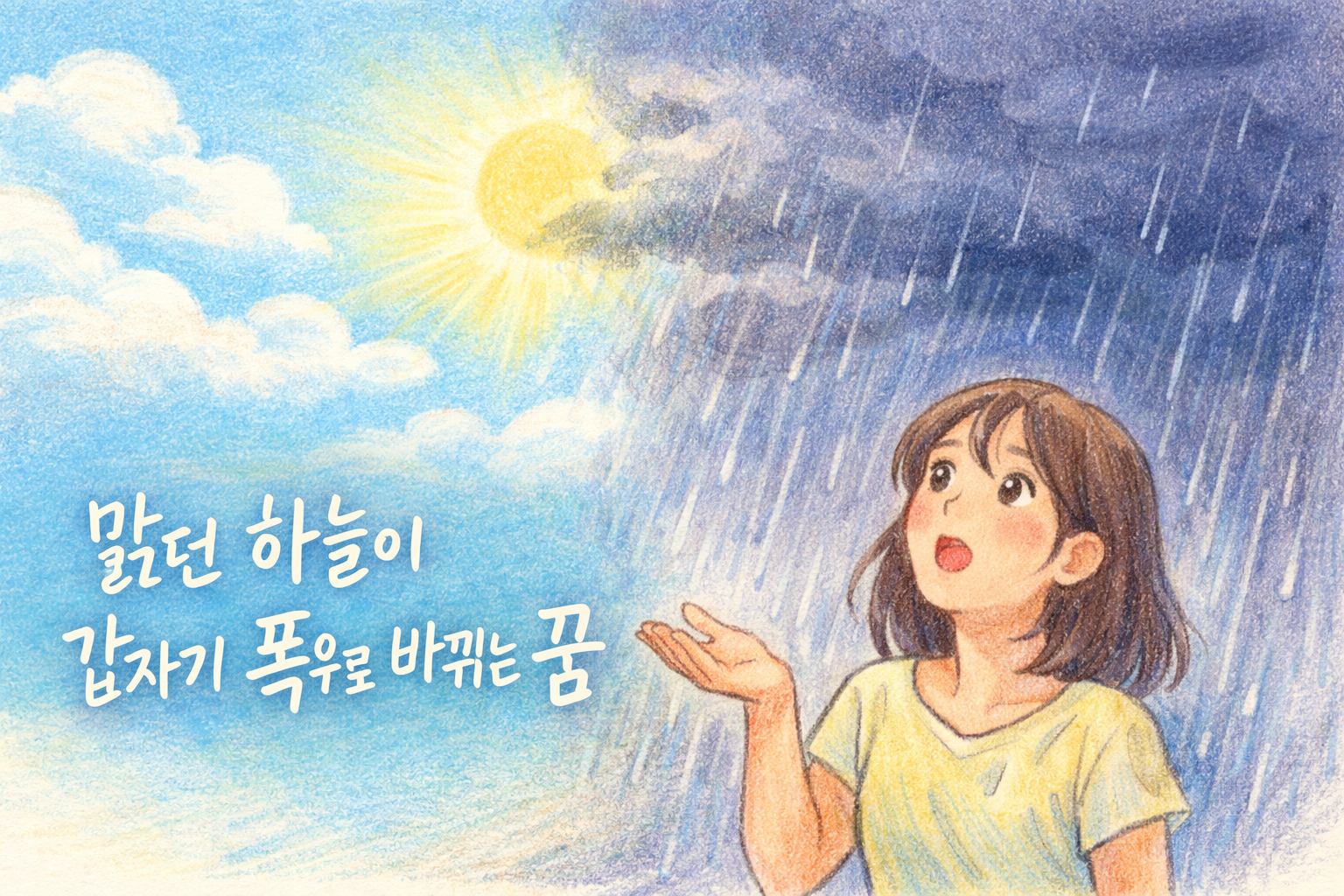 맑은 하늘과 폭우가 동시에 나타난 하늘 아래 놀란 표정으로 비를 바라보는 여성의 색연필 일러스트