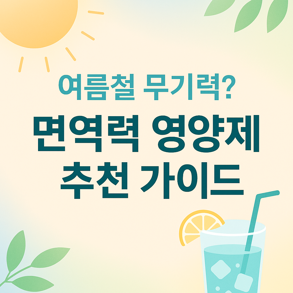 여름 햇살과 아이스 음료, 식물 그래픽이 어우러진 부드러운 배경에 &lsquo;여름철 무기력? 면역력 영양제 추천 가이드&rsquo;라는 문구가 강조된 건강정보 블로그 썸네일 이미지