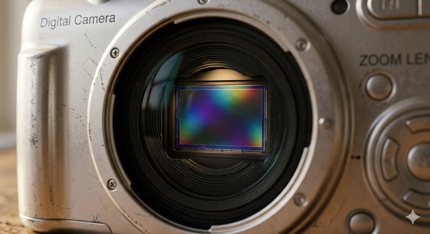 나무 책상 위에 놓인 은색 빈티지 디카의 CCD 센서 클로즈업