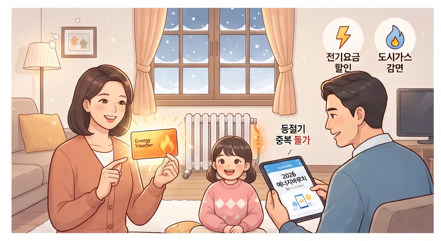 가정에서 가족이 에너지바우처와 전기요금 할인, 도시가스 감면 등의 중복 불가 항목을 살펴보는 모습