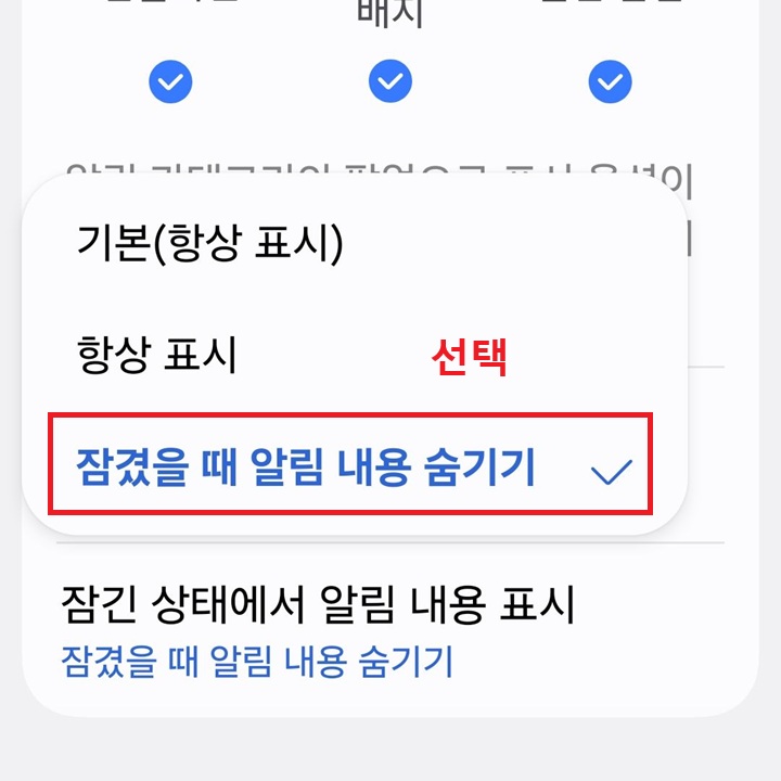 메뉴창 하단에 잠겼을때 알림 내용 숨기기 선택되어있음