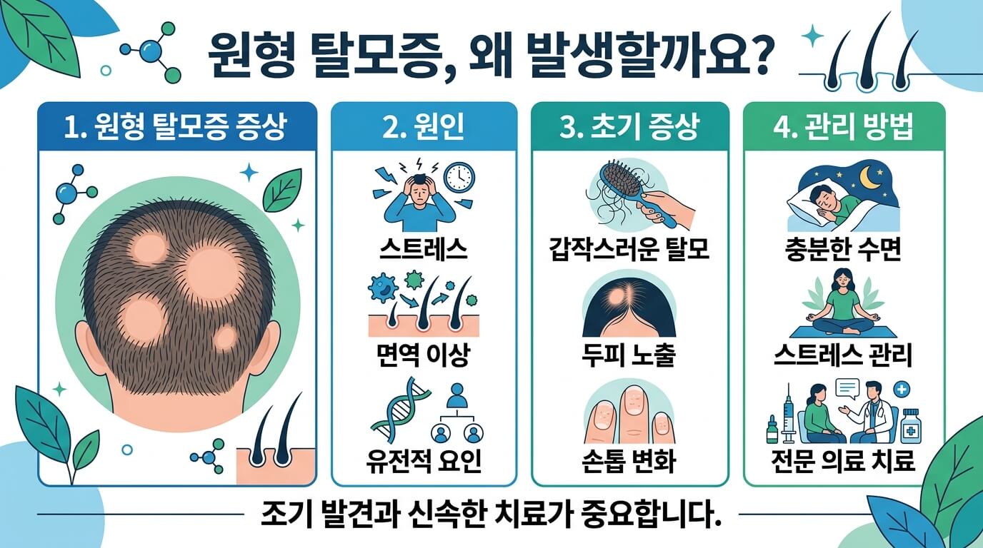 원형 탈모의 원인과 초기 증상, 관리 방법을 설명하는 건강 인포그래픽