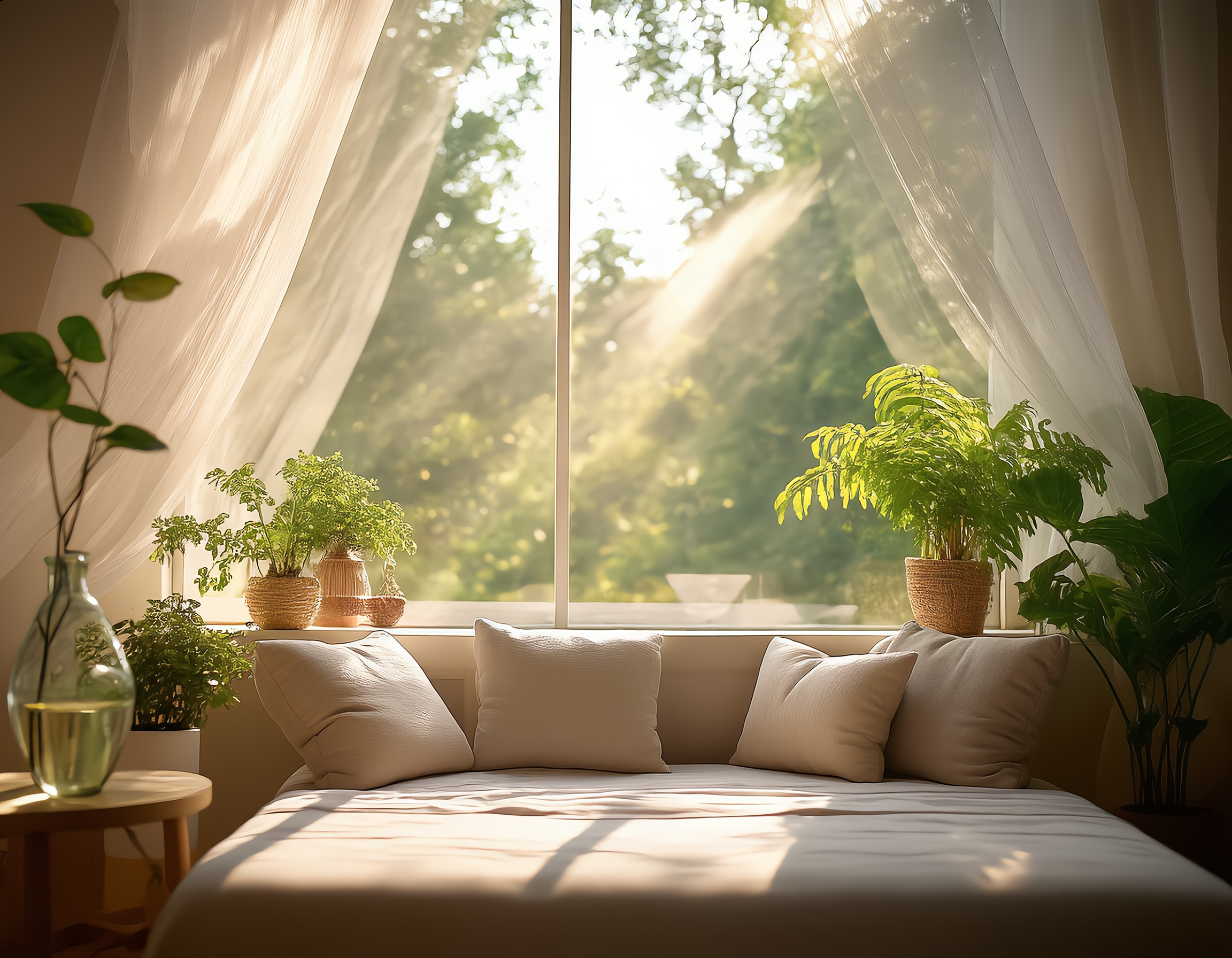 파스텔 톤의 부드러운 쿠션들이 화분에 심긴 생기 넘치는 관엽식물들과 함께 어우러진 봄날의 거실. 햇살이 채광창으로 쏟아져 들어오며 대리석 사이드 테이블 위 유리병에 반짝이는 물방울, 공기 중 떠다니는 먼지 입자까지 선명하게 묘사된 화사한 인테리어. 시트러스 향기가 느껴질 듯한 청량감 가득한 공간에 하늘거리는 쉬폰 커튼이 산들바람에 흔들리며 부드러운 그림자를 드리우고 있습니다.