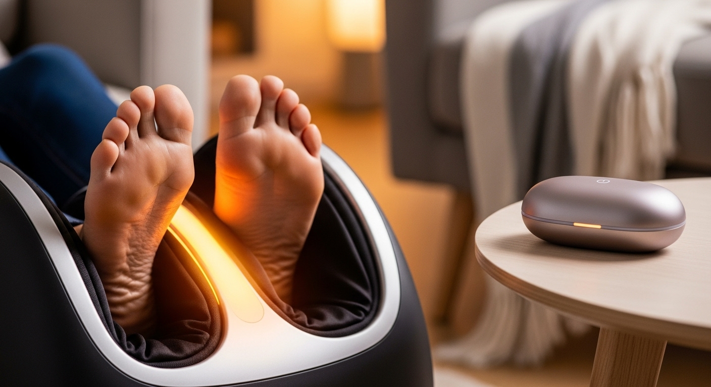 세련된 디자인의 온열 발 마사지기 안에 있는 발과 충전식 손난로.
