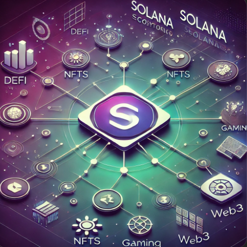 솔라나 생태계를 보여주는 인포그래픽 이미지: 중앙에 솔라나 로고가 있고, 주변에 DeFi, NFT, 게임, 웹3 등 다양한 카테고리와 그에 속한 프로젝트들이 연결되어 있는 모습