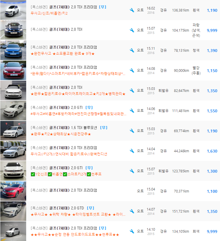 골프 7세대 등급 중고차 가격 : 650만원 ~ 3,250만원