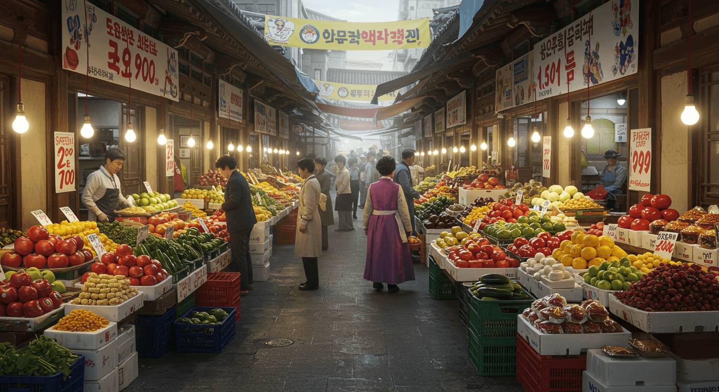 전통시장에서 추석맞이 농산물 할인 현수막이 걸린 풍경 3