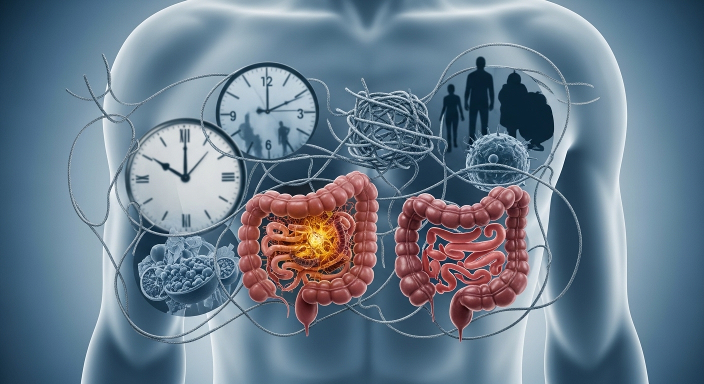 수면 부족, 스트레스, 장내 미생물 불균형 등 다양한 생활 습관 요인들이 복합적으로 혈당에 영향을 미치는 모습을 은유적으로 표현한 이미지.