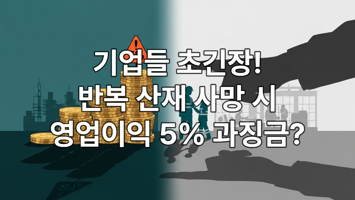 영업이익 5% 과징금을 상징하는 금화 더미와 안전모를 쓴 노동자들이 산업 안전의 중요성을 강조하는 모습