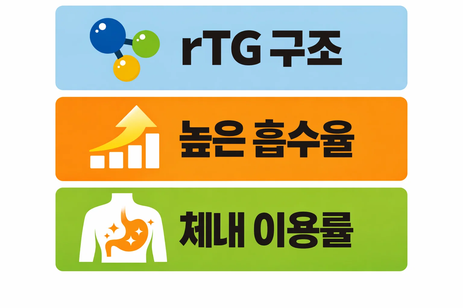 알티지오메가3 rTG 구조가 높은 흡수율과 체내 이용률에 유리한 이유를 시각적으로 설명한 구조 비교 이미지
