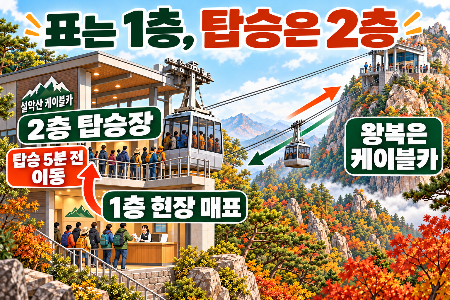 1층 매표에서 2층 탑승장으로 이동하고 케이블카로 왕복하는 과정
