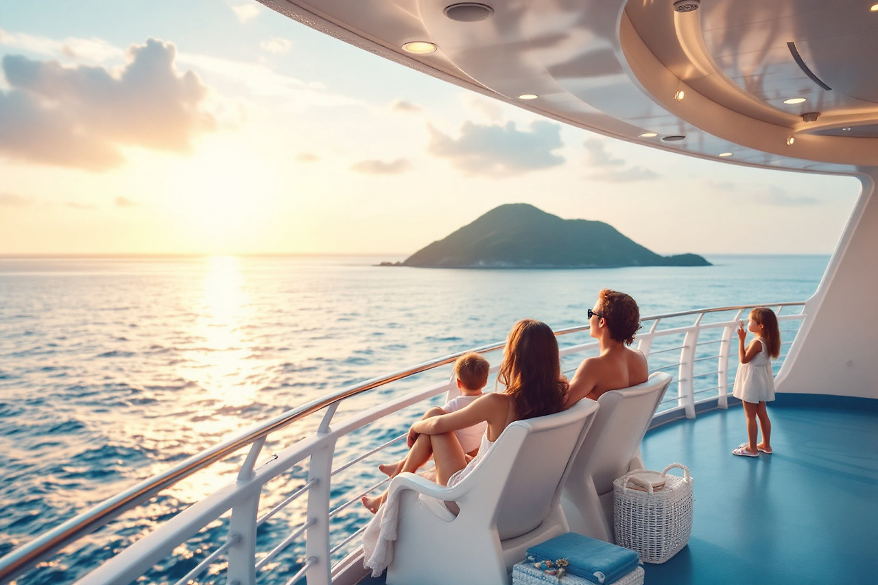 배타고 여행하며 일몰을 바라보는 가족 모습