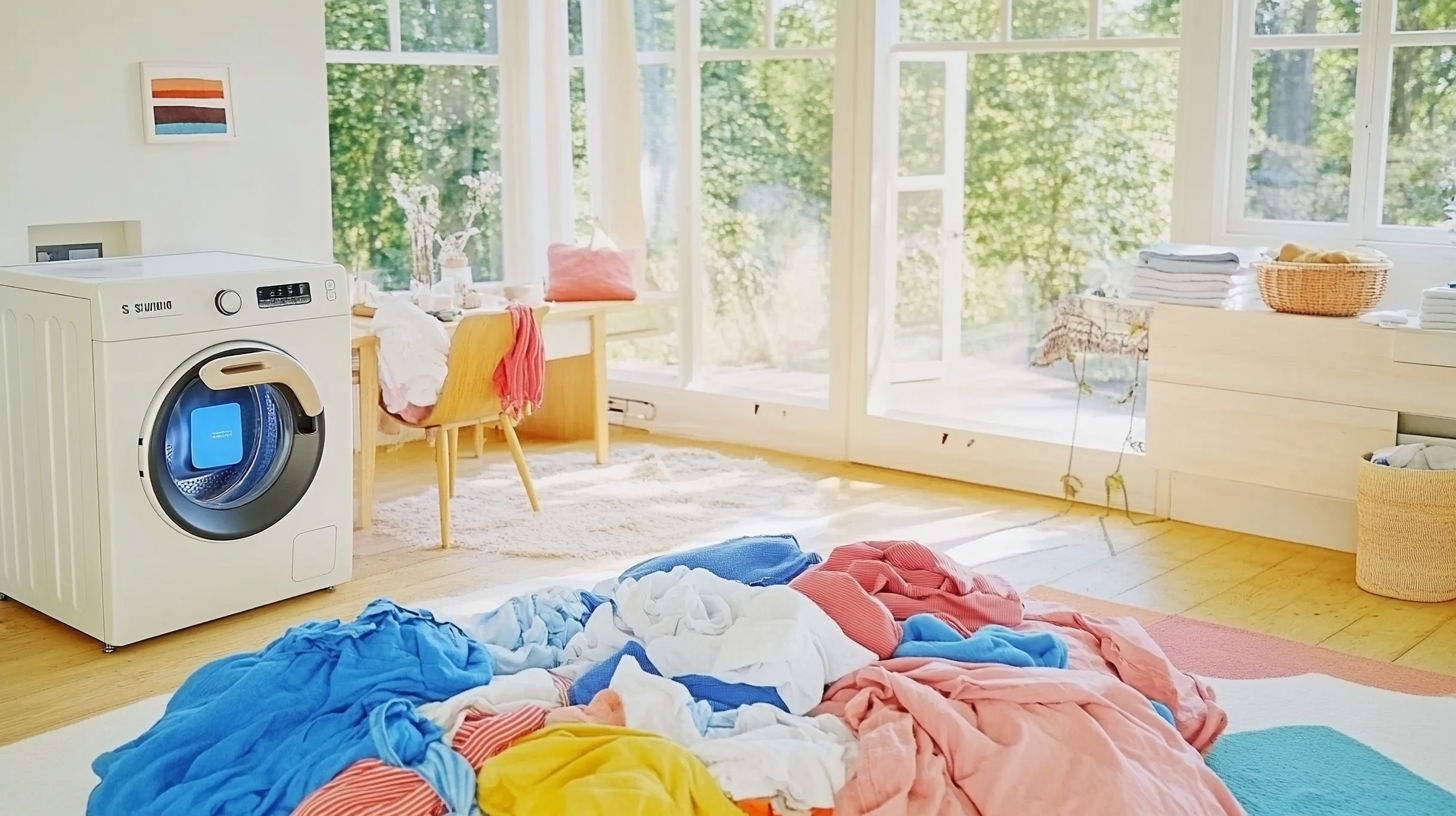 가족이 함께하는 아늑한 환경에서 많은 양의 세탁물을 효율적으로 관리하는 삼성 AI 세탁기의 모습을 강조합니다.