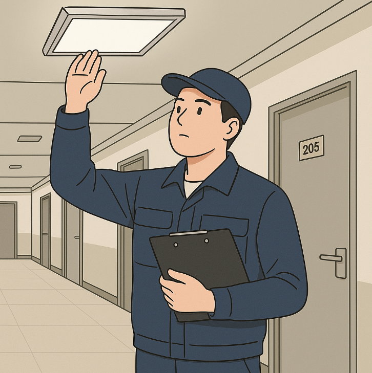 공동주택 단지 내 복도와 조명 설비를 점검 중인 직원의 모습