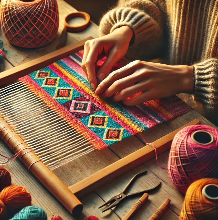 미니 직조틀로 실 짜는 손