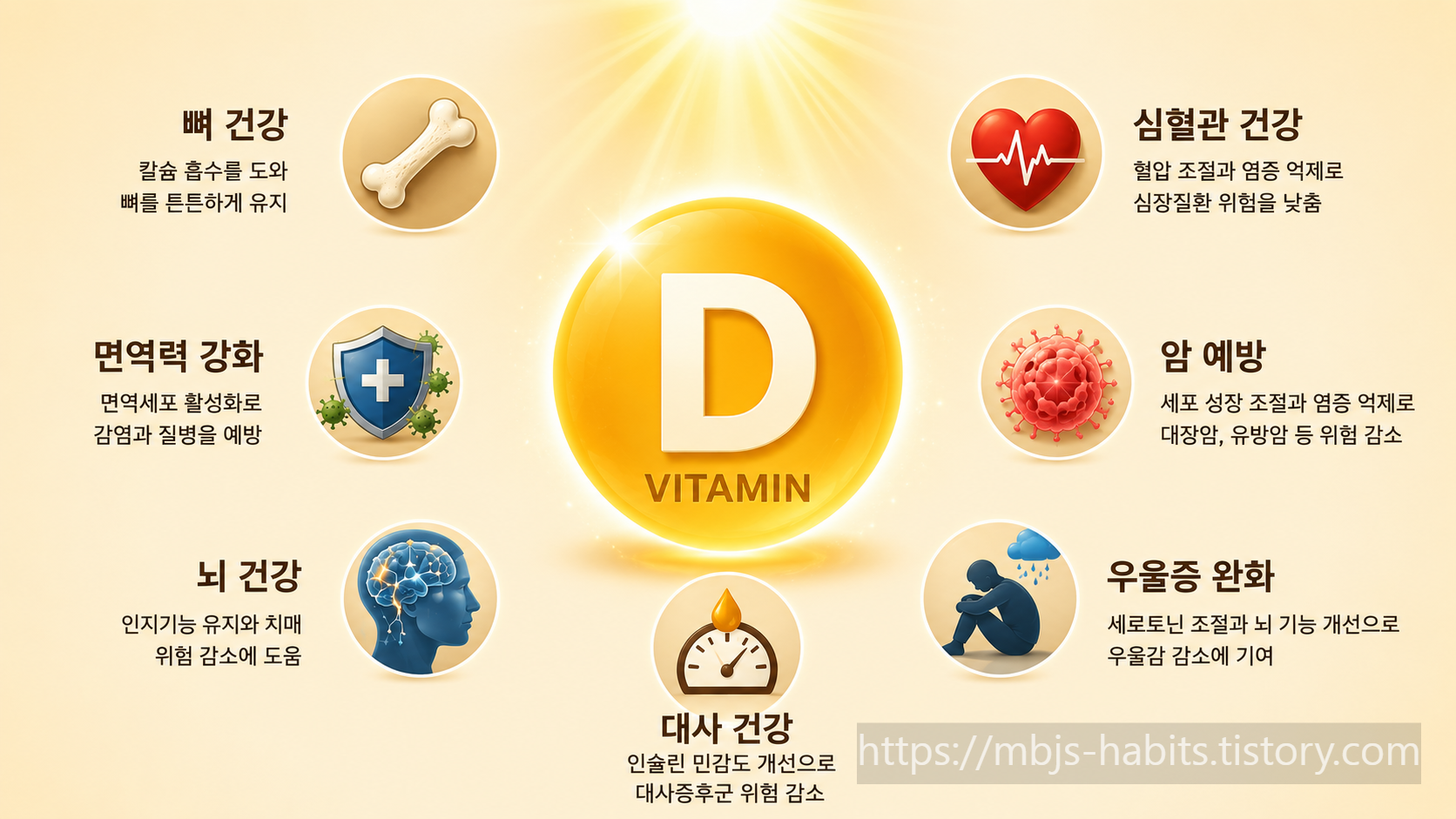 비타민D가 뼈, 심혈관, 면역, 뇌, 암 예방, 우울증 완화, 대사 건강 등 전신 건강에 미치는 주요 기능을 한눈에 보여주는 인포그래픽.