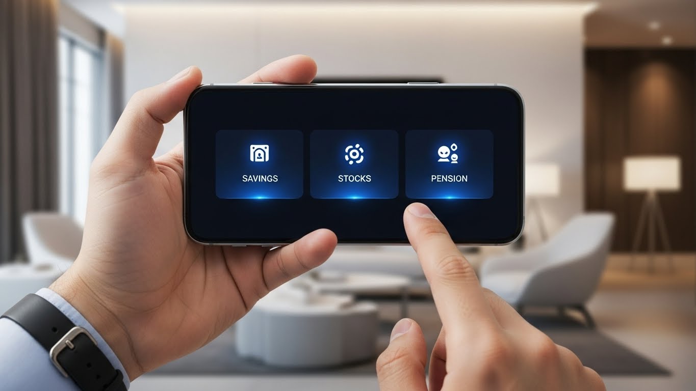 스마트폰 앱을 통해 실시간으로 금융 자산 시스템의 상태를 확인하는 1인칭 시점