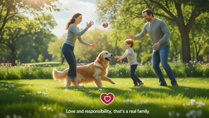 자연 속에서 반려동물과 함께 행복한 시간을 보내는 가족