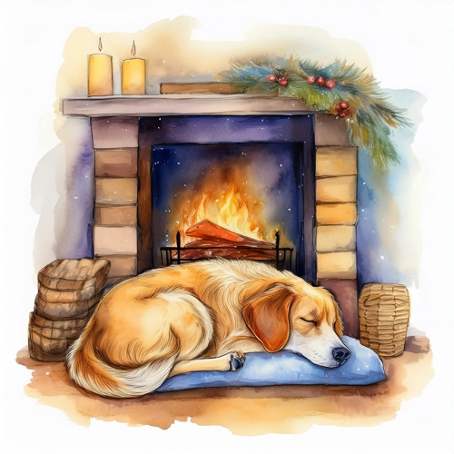 벽난로 옆에서 자는 강아지 수채화