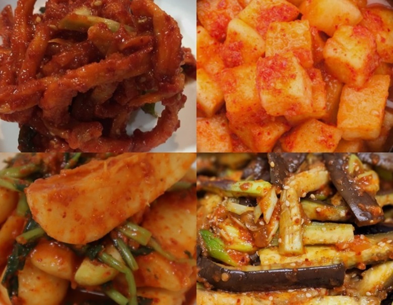 강원도의 더덕김치, 경기도의 깍두기와 총각김치, 충청도의 가지김치 사진(좌/우, 상/하 사진 4장)
