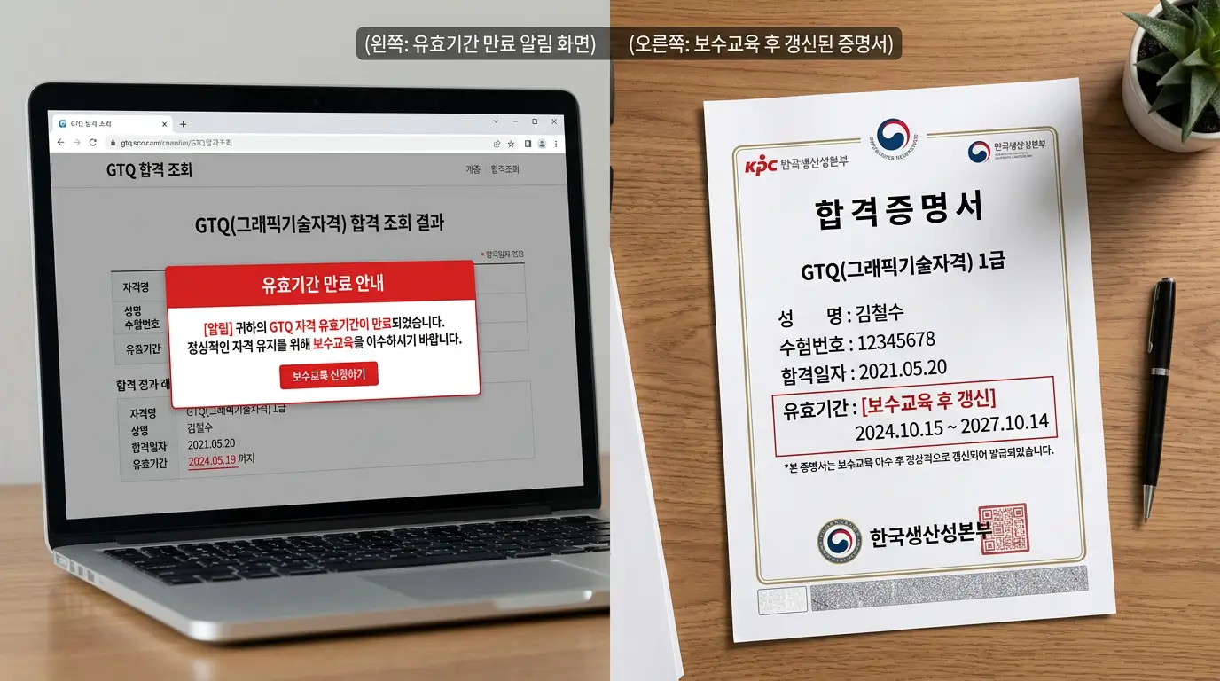 빨간색으로 유효기간 만료 알림이 뜬 GTQ 합격 조회 화면과, 보수교육 후 정상적으로 갱신되어 출력된 합격 증명서의 비교