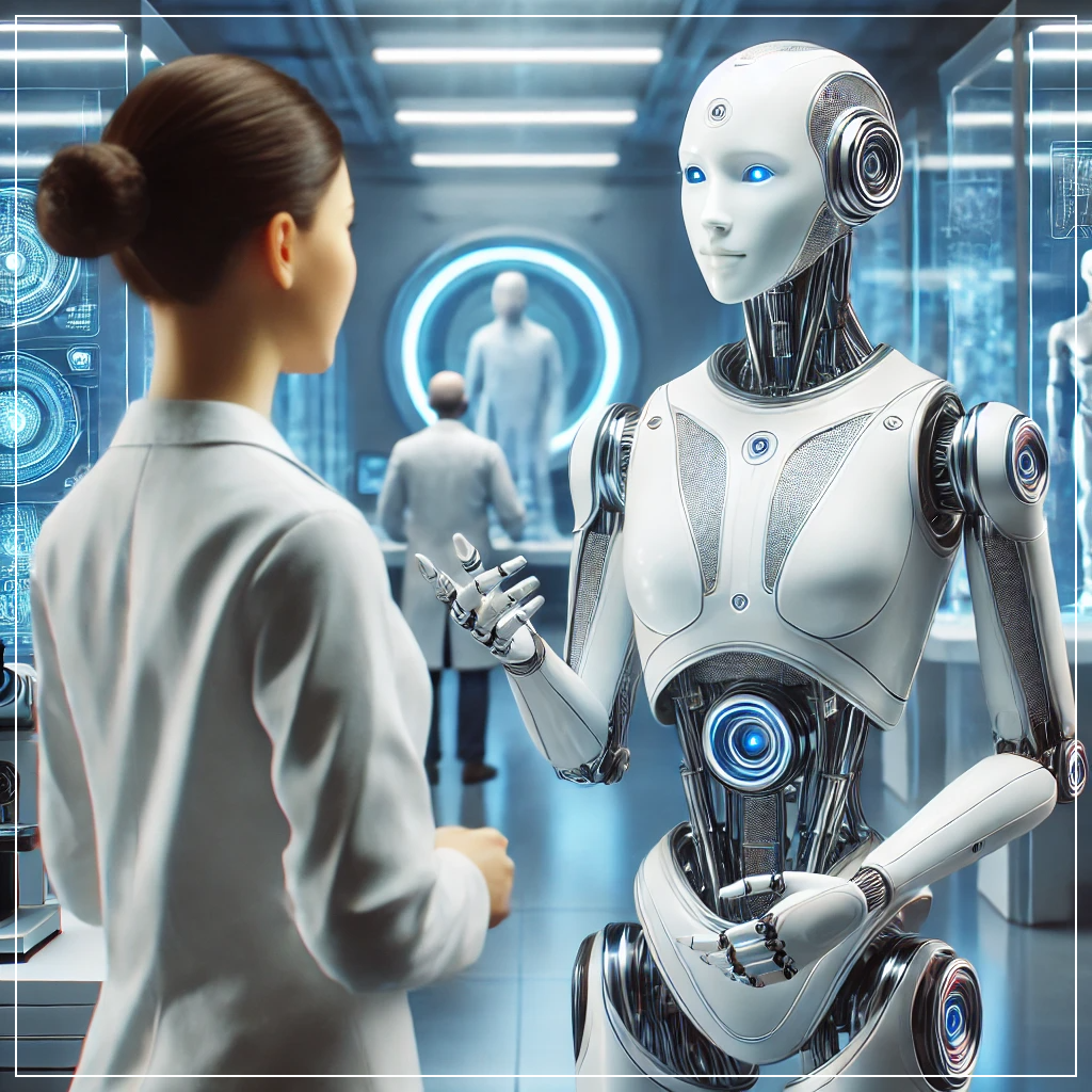 최첨단 연구소에서 과학자와 상호작용하는 미래형 휴머노이드 로봇