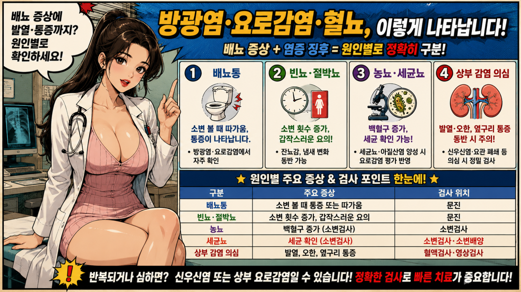 방광염과 요로감염 혈뇨가 배뇨통, 빈뇨, 절박뇨, 농뇨, 세균뇨와 함께 나타나는 기준을 정리한 의료 인포그래픽