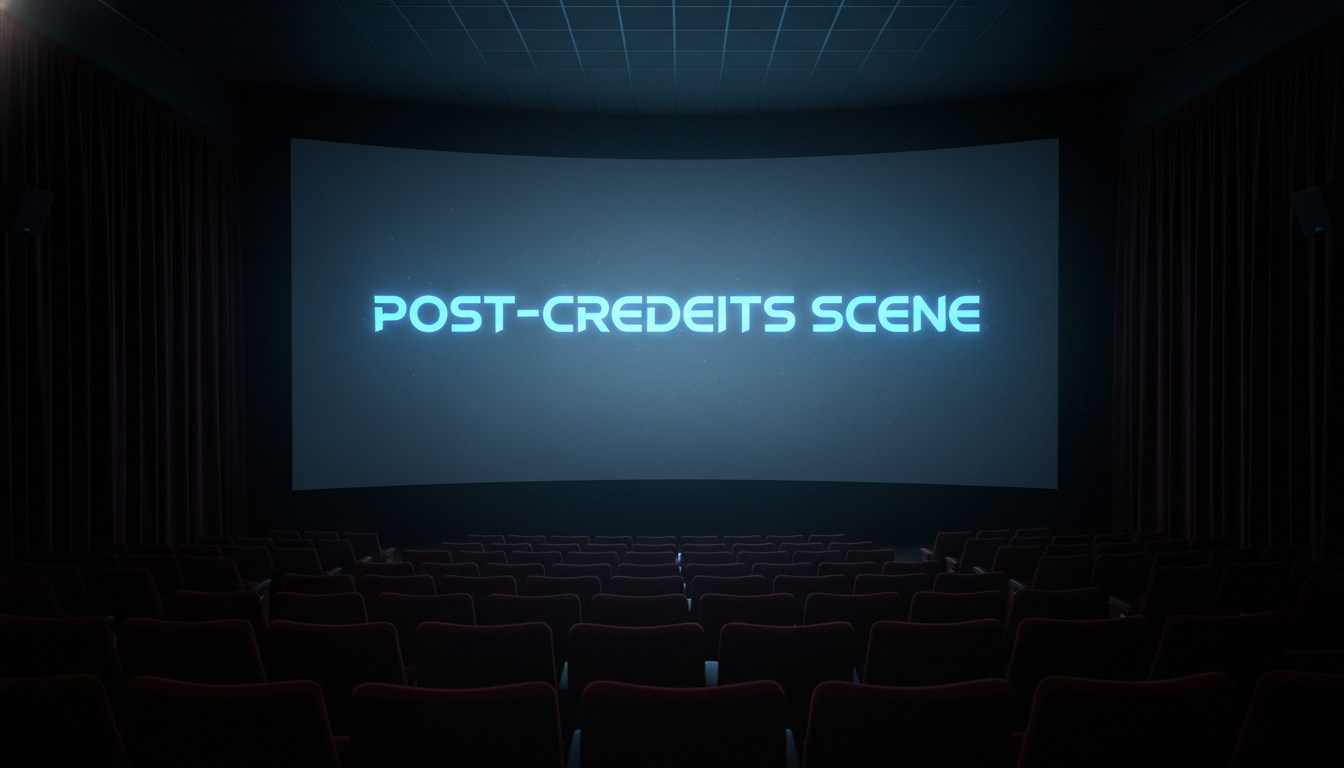 어두운 영화관 스크린에서 푸른 빛이 뿜어져 나오며 쿠키 영상을 암시하는 영문 텍스트가 적힌 이미지