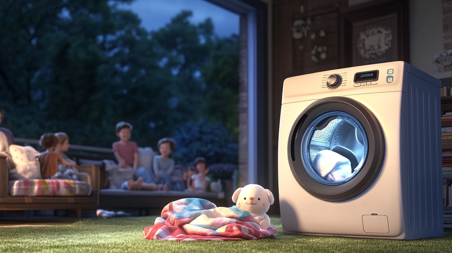 밤 시간대 아파트 환경에서 조용히 작동 중인 삼성 세탁기의 이미지로, 배경에는 평화로운 가정의 모습이 보이며 조용하고 평온한 분위기를 나타냅니다.