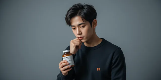 비타민c 용기에 있는 라벨을 자세히 읽는 모습