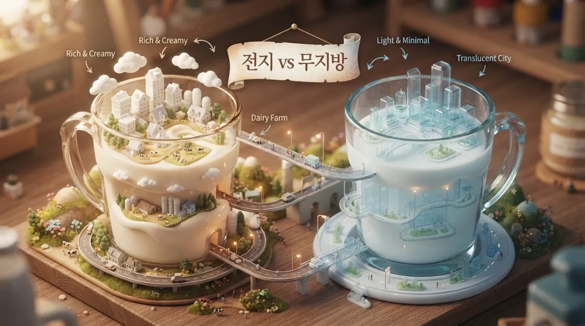 진한 크림색의 일반 우유와 약간 투명하고 푸르스름한 빛깔을 띤 무지방 우유를 비교한 디오라마 일러스트
